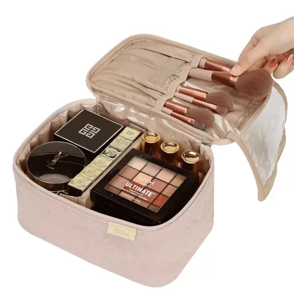 imageNISHEL Extra Large Double Layer Travel Makeup Bag Women Cosmetic Organizer Case Travel Essentials Accessories with Shoulder Strap for Bottles Brushes Conditioner Skin Care Products PinkPink