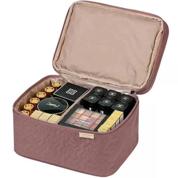 imageNISHEL Extra Large Double Layer Travel Makeup Bag Women Cosmetic Organizer Case Travel Essentials Accessories with Shoulder Strap for Bottles Brushes Conditioner Skin Care Products PinkRosewood Pink