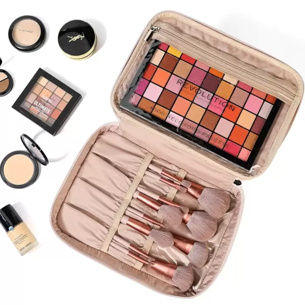 imageNISHEL Extra Large Double Layer Travel Makeup Bag Women Cosmetic Organizer Case Travel Essentials Accessories with Shoulder Strap for Bottles Brushes Conditioner Skin Care Products PinkPink
