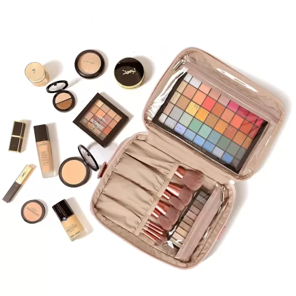 imageNISHEL Extra Large Double Layer Travel Makeup Bag Women Cosmetic Organizer Case Travel Essentials Accessories with Shoulder Strap for Bottles Brushes Conditioner Skin Care Products PinkPink