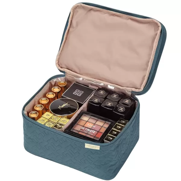 imageNISHEL Extra Large Double Layer Travel Makeup Bag Women Cosmetic Organizer Case Travel Essentials Accessories with Shoulder Strap for Bottles Brushes Conditioner Skin Care Products PinkLake Blue