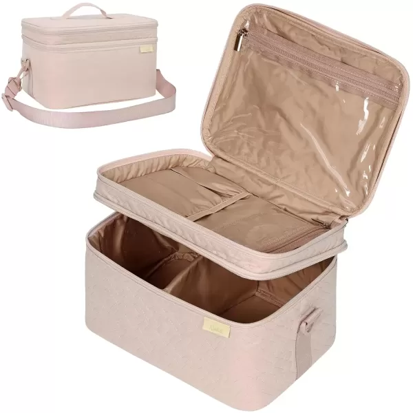 imageNISHEL Extra Large Double Layer Travel Makeup Bag Women Cosmetic Organizer Case Travel Essentials Accessories with Shoulder Strap for Bottles Brushes Conditioner Skin Care Products PinkPink