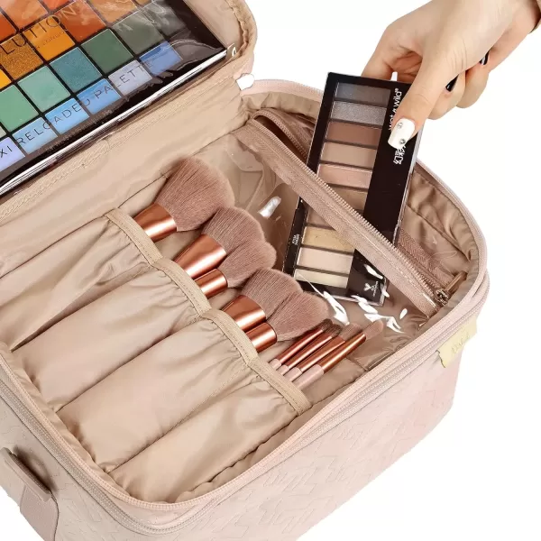 imageNISHEL Extra Large Double Layer Travel Makeup Bag Women Cosmetic Organizer Case Travel Essentials Accessories with Shoulder Strap for Bottles Brushes Conditioner Skin Care Products PinkPink