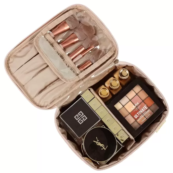 imageNISHEL Extra Large Double Layer Travel Makeup Bag Women Cosmetic Organizer Case Travel Essentials Accessories with Shoulder Strap for Bottles Brushes Conditioner Skin Care Products PinkPink