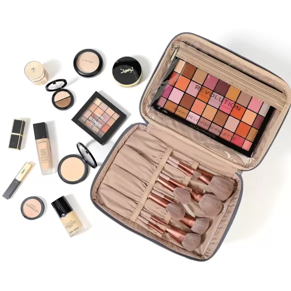 imageNISHEL Extra Large Double Layer Travel Makeup Bag Women Cosmetic Organizer Case Travel Essentials Accessories with Shoulder Strap for Bottles Brushes Conditioner Skin Care Products PinkAegeanBlue