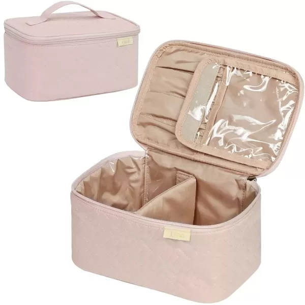 imageNISHEL Extra Large Double Layer Travel Makeup Bag Women Cosmetic Organizer Case Travel Essentials Accessories with Shoulder Strap for Bottles Brushes Conditioner Skin Care Products PinkPink