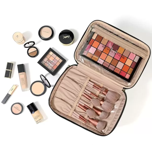 imageNISHEL Extra Large Double Layer Travel Makeup Bag Women Cosmetic Organizer Case Travel Essentials Accessories with Shoulder Strap for Bottles Brushes Conditioner Skin Care Products PinkBlack
