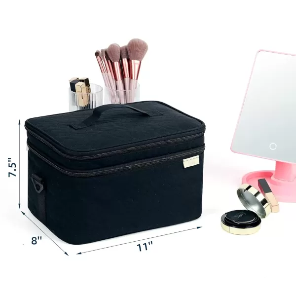 imageNISHEL Extra Large Double Layer Travel Makeup Bag Women Cosmetic Organizer Case Travel Essentials Accessories with Shoulder Strap for Bottles Brushes Conditioner Skin Care Products PinkBlack