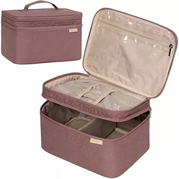 imageNISHEL Extra Large Double Layer Travel Makeup Bag Women Cosmetic Organizer Case Travel Essentials Accessories with Shoulder Strap for Bottles Brushes Conditioner Skin Care Products PinkRosewood Pink