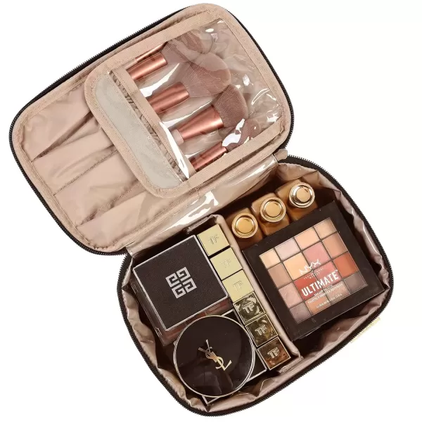 imageNISHEL Extra Large Double Layer Travel Makeup Bag Women Cosmetic Organizer Case Travel Essentials Accessories with Shoulder Strap for Bottles Brushes Conditioner Skin Care Products PinkBlack