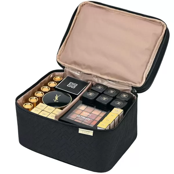 imageNISHEL Extra Large Double Layer Travel Makeup Bag Women Cosmetic Organizer Case Travel Essentials Accessories with Shoulder Strap for Bottles Brushes Conditioner Skin Care Products PinkBlack