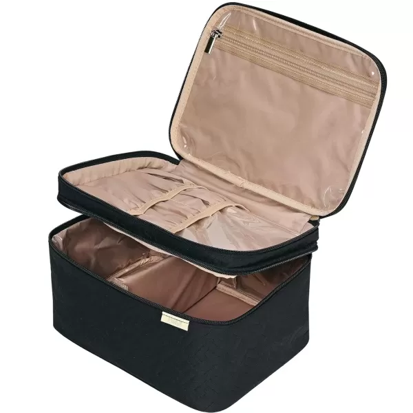 imageNISHEL Extra Large Double Layer Travel Makeup Bag Women Cosmetic Organizer Case Travel Essentials Accessories with Shoulder Strap for Bottles Brushes Conditioner Skin Care Products PinkBlack