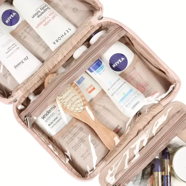 imageNISHEL Hanging Travel Toiletry Bag Visible Makeup Organizer Makeup Case for Travel Accessories Bathroom Shower BlackPink