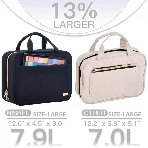 imageNISHEL Travel Toiletry Bag for women Portable Hanging Organizer for FullSized Shampoo Conditioner Brushes Set Makeup Accessories Large Size BlackBlack