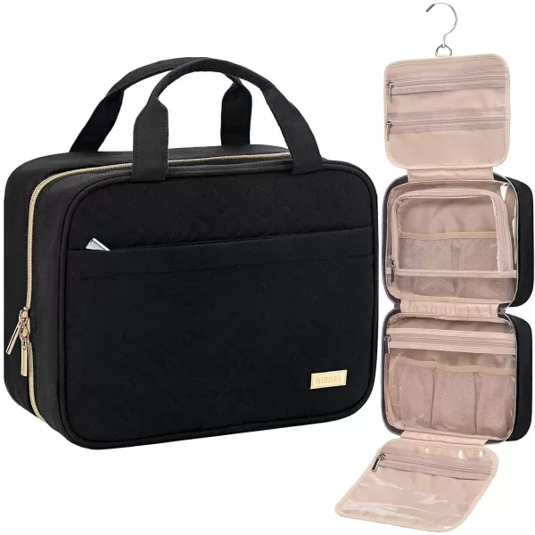 imageNISHEL Travel Toiletry Bag for women Portable Hanging Organizer for FullSized Shampoo Conditioner Brushes Set Makeup Accessories Large Size BlackBlack