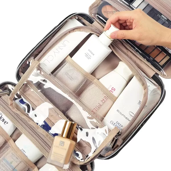 imageNISHEL Travel Toiletry Bag for women Portable Hanging Organizer for FullSized Shampoo Conditioner Brushes Set Makeup Accessories Large Size BlackBlack