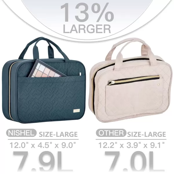 imageNISHEL Travel Toiletry Bag for women Portable Hanging Organizer for FullSized Shampoo Conditioner Brushes Set Makeup Accessories Large Size BlackLakeBlue