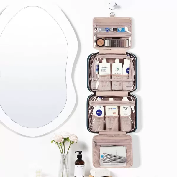 imageNISHEL Travel Toiletry Bag for women Portable Hanging Organizer for FullSized Shampoo Conditioner Brushes Set Makeup Accessories Large Size BlackLakeBlue