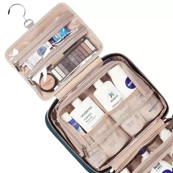 imageNISHEL Travel Toiletry Bag for women Portable Hanging Organizer for FullSized Shampoo Conditioner Brushes Set Makeup Accessories Large Size BlackLakeBlue