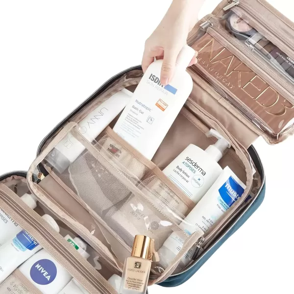 imageNISHEL Travel Toiletry Bag for women Portable Hanging Organizer for FullSized Shampoo Conditioner Brushes Set Makeup Accessories Large Size BlackLakeBlue