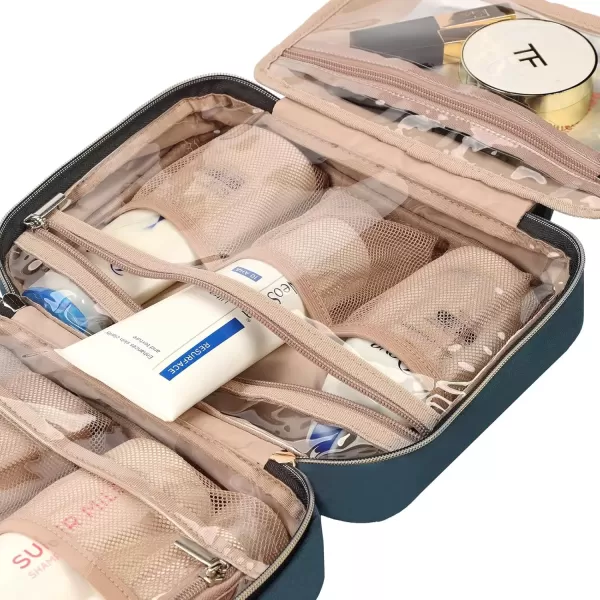 imageNISHEL Travel Toiletry Bag for women Portable Hanging Organizer for FullSized Shampoo Conditioner Brushes Set Makeup Accessories Large Size BlackLakeBlue