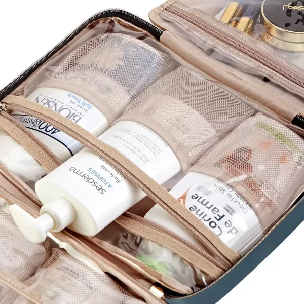 imageNISHEL Travel Toiletry Bag for women Portable Hanging Organizer for FullSized Shampoo Conditioner Brushes Set Makeup Accessories Large Size BlackLakeBlue
