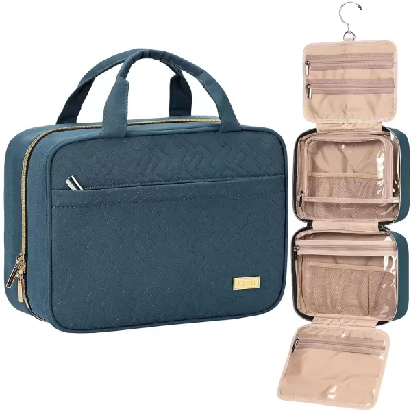 imageNISHEL Travel Toiletry Bag for women Portable Hanging Organizer for FullSized Shampoo Conditioner Brushes Set Makeup Accessories Large Size BlackLakeBlue