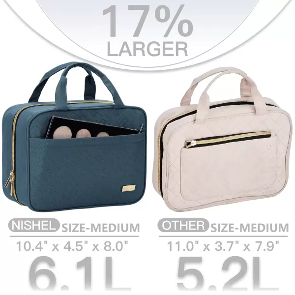 imageNISHEL Travel Toiletry Bag for women Portable Hanging Organizer for FullSized Shampoo Conditioner Brushes Set Makeup Accessories Large Size BlackLakeBlue