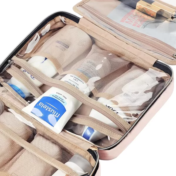 imageNISHEL Travel Toiletry Bag for women Portable Hanging Organizer for FullSized Shampoo Conditioner Brushes Set Makeup Accessories Large Size BlackPink