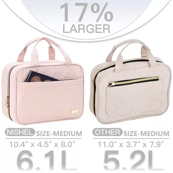imageNISHEL Travel Toiletry Bag for women Portable Hanging Organizer for FullSized Shampoo Conditioner Brushes Set Makeup Accessories Large Size BlackPink