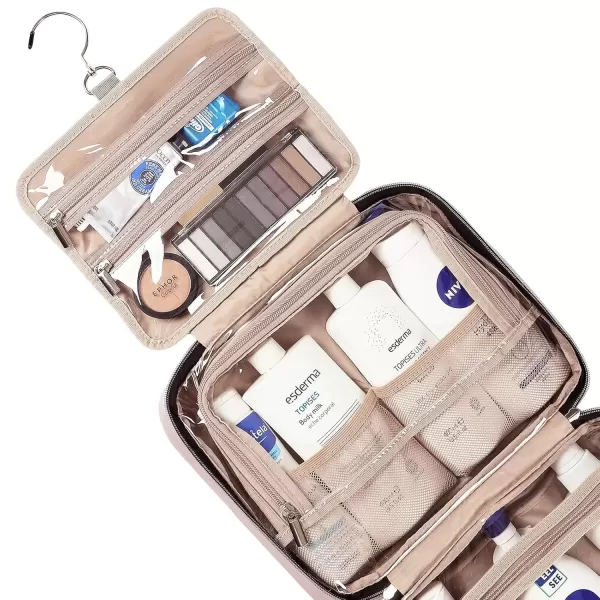 imageNISHEL Travel Toiletry Bag for women Portable Hanging Organizer for FullSized Shampoo Conditioner Brushes Set Makeup Accessories Large Size BlackPink