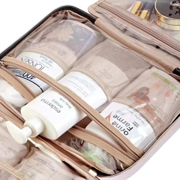 imageNISHEL Travel Toiletry Bag for women Portable Hanging Organizer for FullSized Shampoo Conditioner Brushes Set Makeup Accessories Large Size BlackPink
