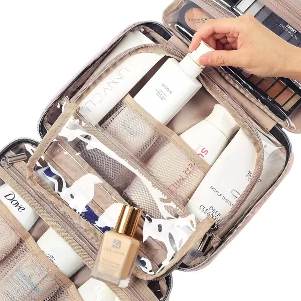 imageNISHEL Travel Toiletry Bag for women Portable Hanging Organizer for FullSized Shampoo Conditioner Brushes Set Makeup Accessories Large Size BlackPink