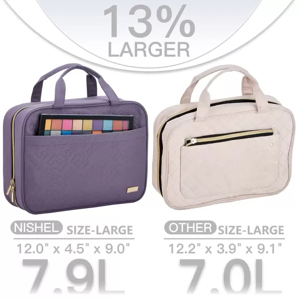imageNISHEL Travel Toiletry Bag for women Portable Hanging Organizer for FullSized Shampoo Conditioner Brushes Set Makeup Accessories Large Size BlackPurple