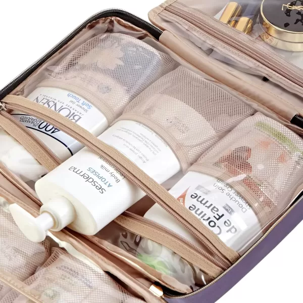 imageNISHEL Travel Toiletry Bag for women Portable Hanging Organizer for FullSized Shampoo Conditioner Brushes Set Makeup Accessories Large Size BlackPurple