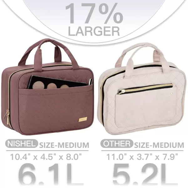 imageNISHEL Travel Toiletry Bag for women Portable Hanging Organizer for FullSized Shampoo Conditioner Brushes Set Makeup Accessories Large Size BlackRosePink