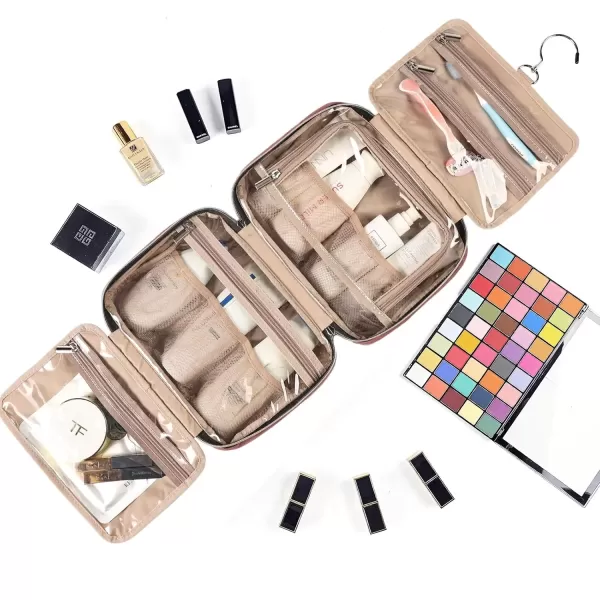 imageNISHEL Travel Toiletry Bag for women Portable Hanging Organizer for FullSized Shampoo Conditioner Brushes Set Makeup Accessories Large Size BlackRosePink