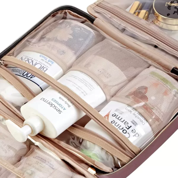 imageNISHEL Travel Toiletry Bag for women Portable Hanging Organizer for FullSized Shampoo Conditioner Brushes Set Makeup Accessories Large Size BlackRosewoodPink