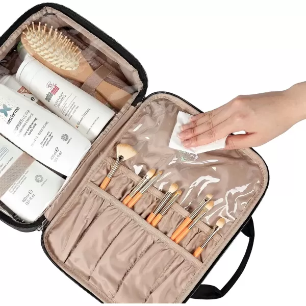 imageNISHEL Travel Toiletry Bag for women Portable Organizer Stand Up Toiletry Bag for Shampoo Conditioner Brushes Set Travel Essentials PinkBlack