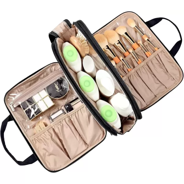 imageNISHEL Travel Toiletry Bag for women Portable Organizer Stand Up Toiletry Bag for Shampoo Conditioner Brushes Set Travel Essentials PinkBlack