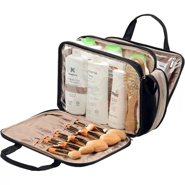 imageNISHEL Travel Toiletry Bag for women Portable Organizer Stand Up Toiletry Bag for Shampoo Conditioner Brushes Set Travel Essentials PinkBlack