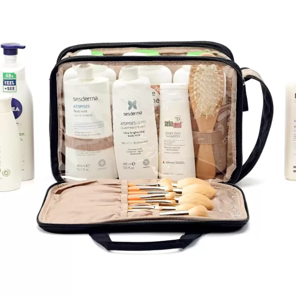imageNISHEL Travel Toiletry Bag for women Portable Organizer Stand Up Toiletry Bag for Shampoo Conditioner Brushes Set Travel Essentials PinkBlack