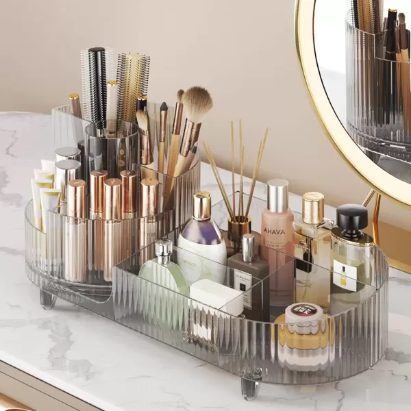 imageMakeup Organizer Countertop 360Rotating Makeup Organizer for Vanity  Make Up ampamp Jewelry Storage Cosmetic Storage Holder with Makeup Brush Holder and Jewelry Storage 3 Tiers Creamtransparent