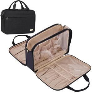 imageNISHEL Travel Makeup Bag Stand Up Portable Cosmetic Organizer Cosmetic Case for TravelSize Toiletries PinkBlack