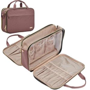 imageNISHEL Travel Makeup Bag Stand Up Portable Cosmetic Organizer Cosmetic Case for TravelSize Toiletries PinkRosewoodPink