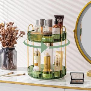 image360 Rotating Makeup Organizer for Vanity Bathroom Countertop Spinning Perfume Organizer HighCapacity Cosmetic and Skincare Dresser Make Up Holder Rack 2 Tiers YellowGem Green