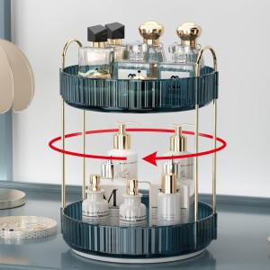 image360 Rotating Makeup Organizer for Vanity Bathroom Countertop Spinning Perfume Organizer HighCapacity Cosmetic and Skincare Dresser Make Up Holder Rack 2 Tiers GreyBlue