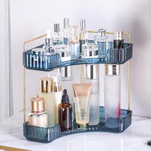 imageCorner Bathroom Counter Organizer Bathroom Countertop Shelf Makeup Organizer for Vanity Perfume Tray for Corner Storage 2 Tiers Blue