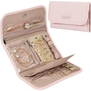 imageNISHEL Travel Jewelry Organizer Case Foldable Storage Roll for Necklaces Earrings Bracelets Rings Watch Pink
