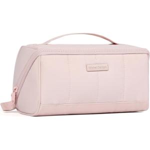imageNISHEL Travel Makeup Bag for Women Fluffy ampamp Lightweight Open Flat Cosmetic Organizer with Multiple Functional Divider for Brush Independent Storage Handle for Easy Portability Pink